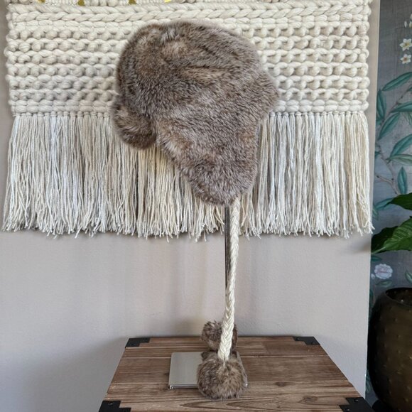 AEO Y2K Faux Fur Trapper Braided Strap w Round Fur Bauble Cozy Winter Hat - Picture 3 of 15